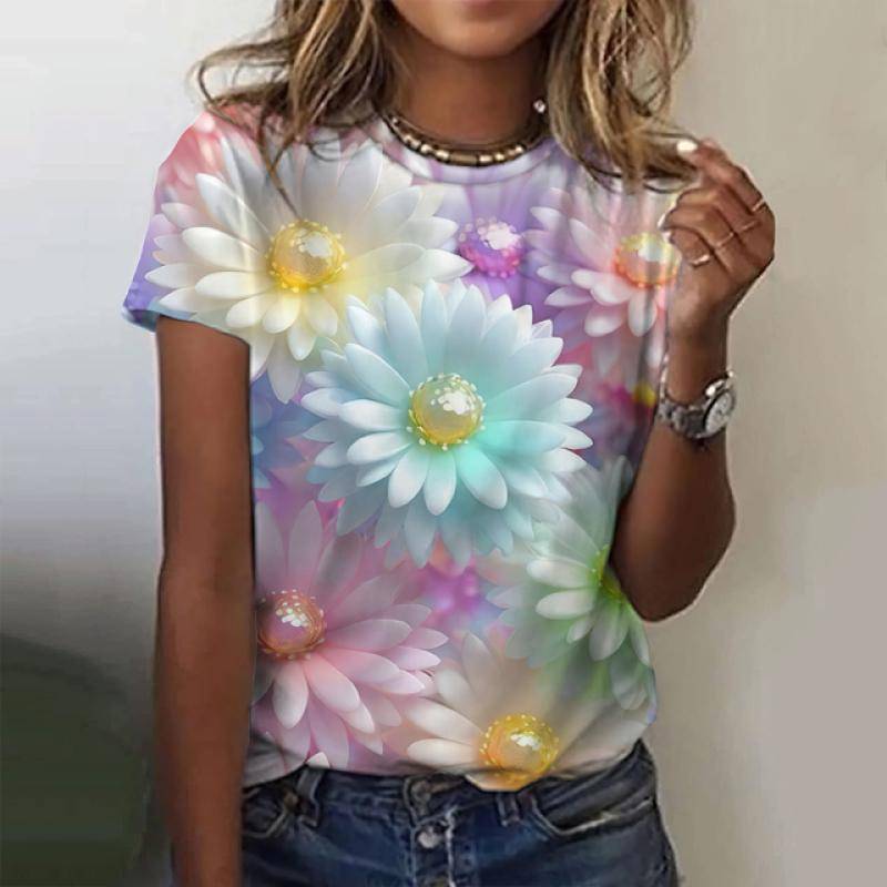 Damen T-Shirts Mode 3D Blumendruck T-Shirt Casual Tees Sommerkleidung Grundlegende weibliche Tops Print Übergroßer Pullover S von Joom DACH
