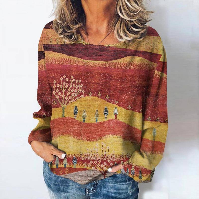 Damen T-Shirts Naturlandschaftsdruck Langarm T-Shirt Herbst Lässige Damen Kleidung Täglich Lose Vintage Streetwear Pullover M von Joom DACH
