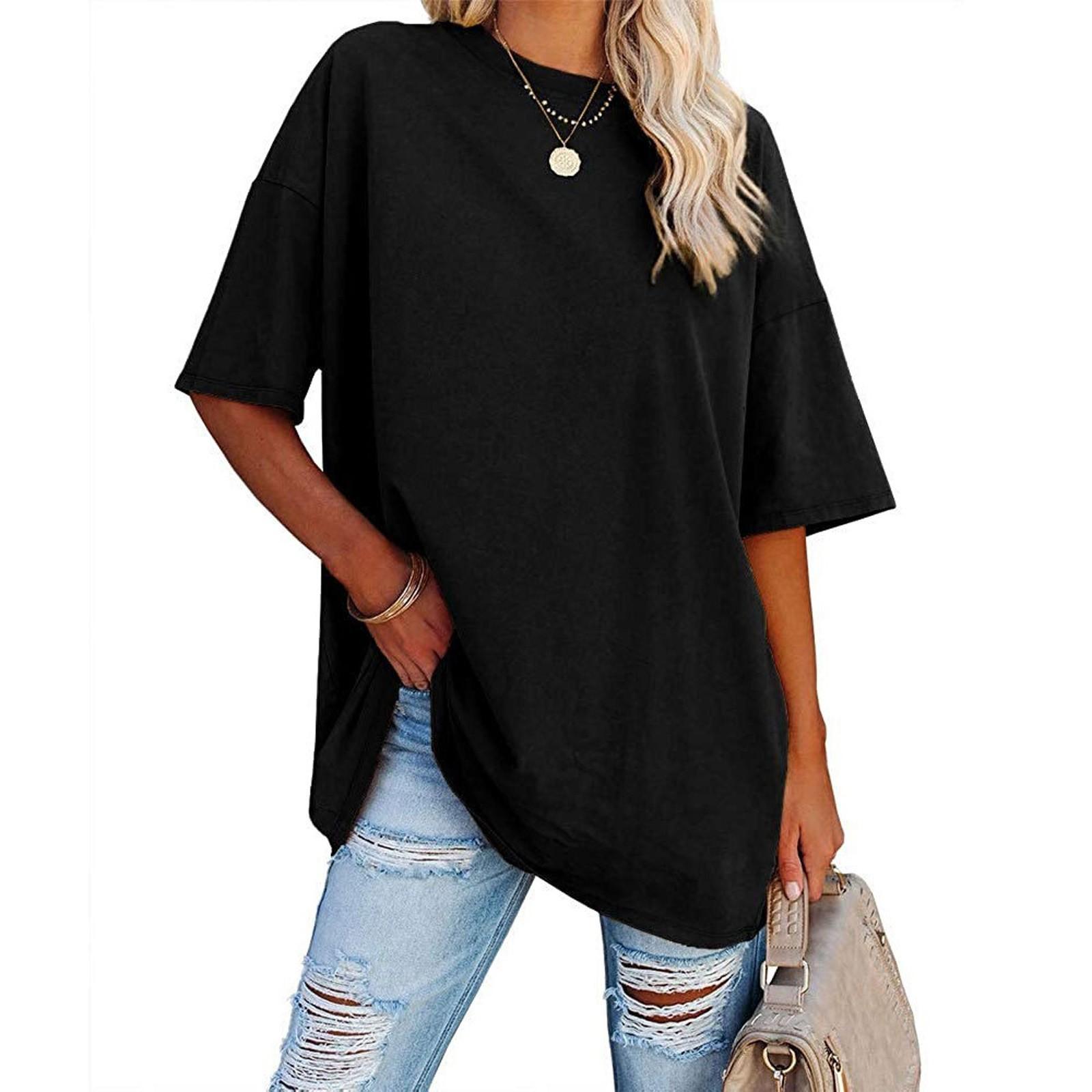 Damen-T-Shirts in Übergröße, übergroße T-Shirts, Sommer, kurze Ärmel, lockere Tunika-Oberteile XXL schwarz von Joom DACH