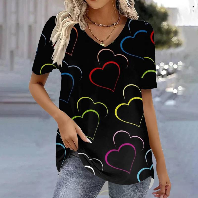 Damen T-Shirts mit V-Ausschnitt und 3D-Druck, modisches Damenhemd und Bluse 2025, T-Shirt, Damenkleidung, übergroße Sommeroberteile, T-Shirts 6XL von Joom DACH
