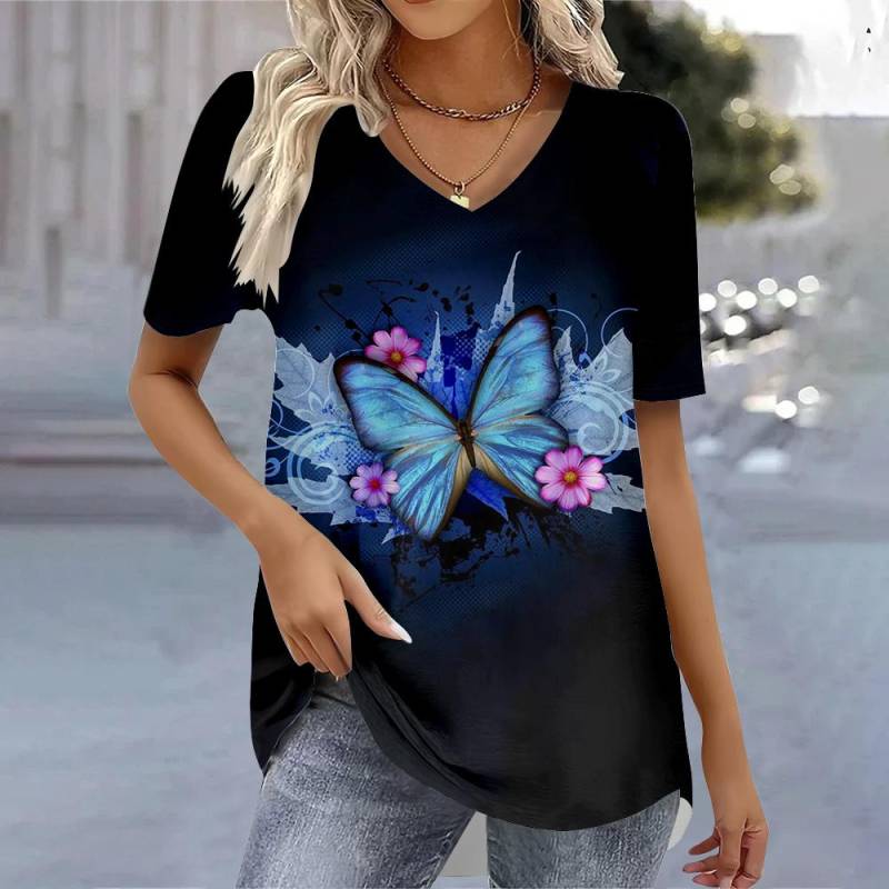 Damen T-Shirts mit V-Ausschnitt und 3D-Druck, modisches Damenhemd und Bluse 2025, T-Shirt, Damenkleidung, übergroße Sommeroberteile, T-Shirts 8XL von Joom DACH
