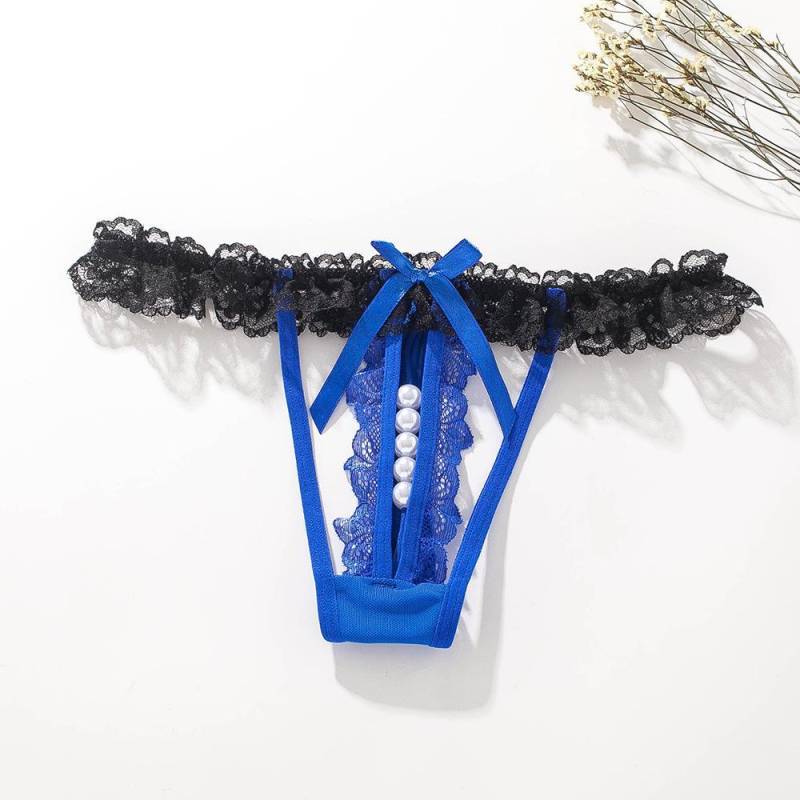 Damen Tanga mit niedriger Taille und Perlenspitze F/M (Fits 57-80 cm) blau von Joom DACH