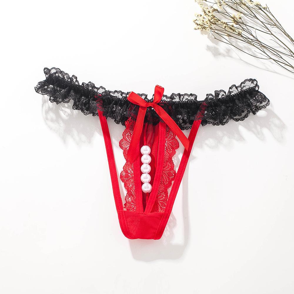 Damen Tanga mit niedriger Taille und Perlenspitze XL (Fits 83-93 cm) rot von Joom DACH