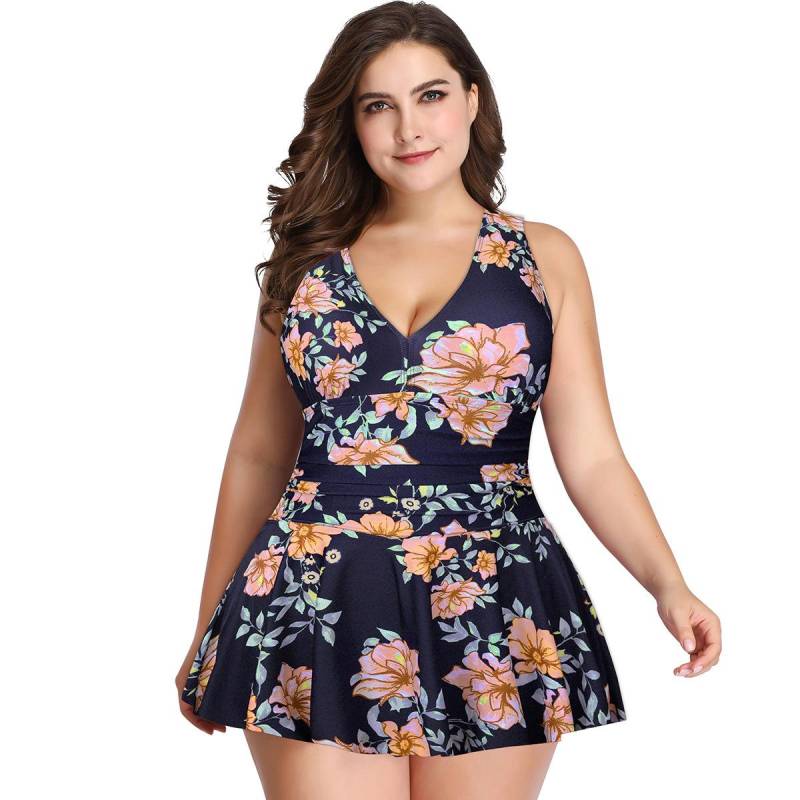 Damen Tankini Plus Size Bademode Push Up Badeanzug V-Ausschnitt Schwarz Blau Blumen Badeanzug Großes Badekleid XL von Joom DACH