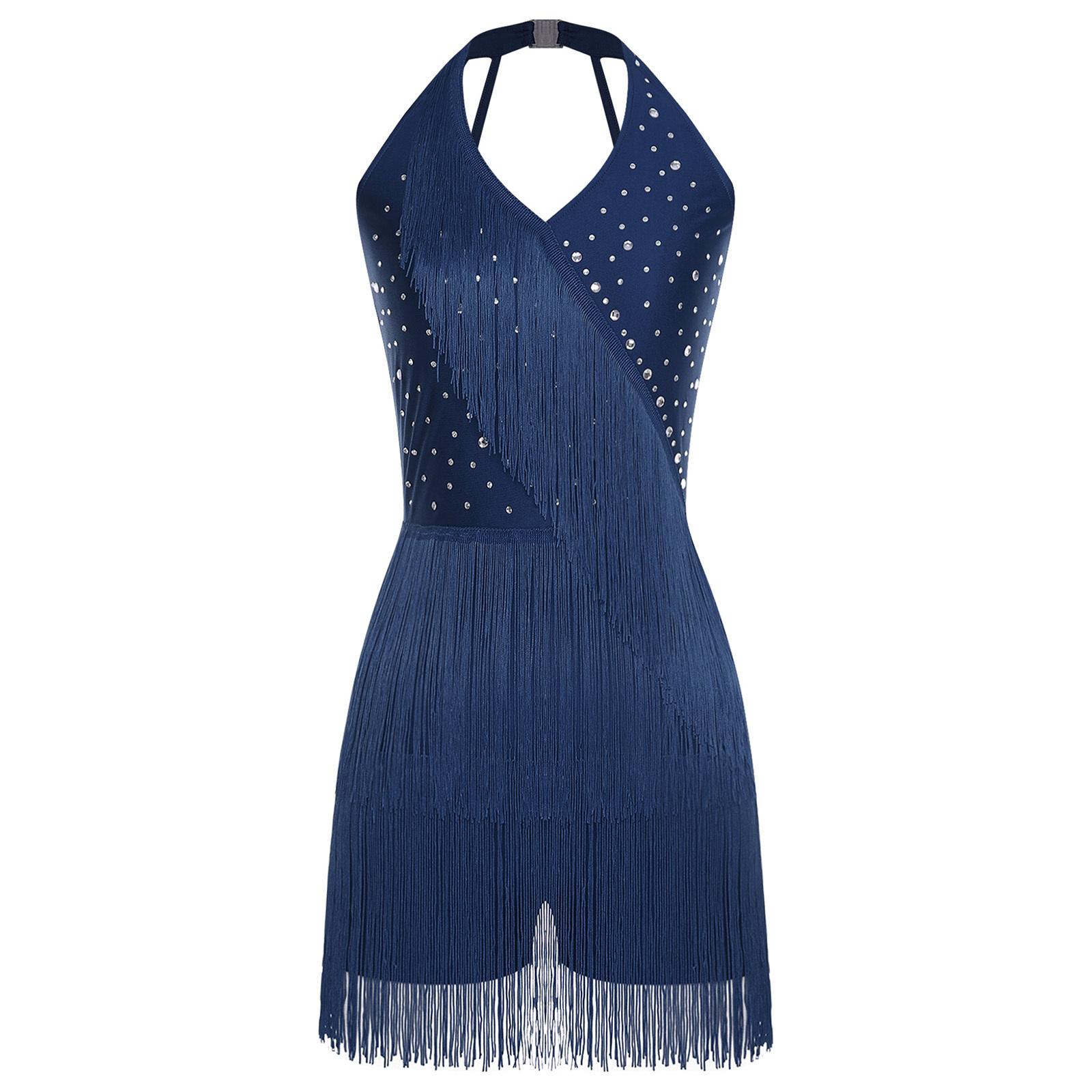 Damen Tanz-Jumpsuit Neckholder Ärmellos Glitzernde Strasssteine Fransen Riemchenrücken Latein Tanzkostüm L navy blau von Joom DACH