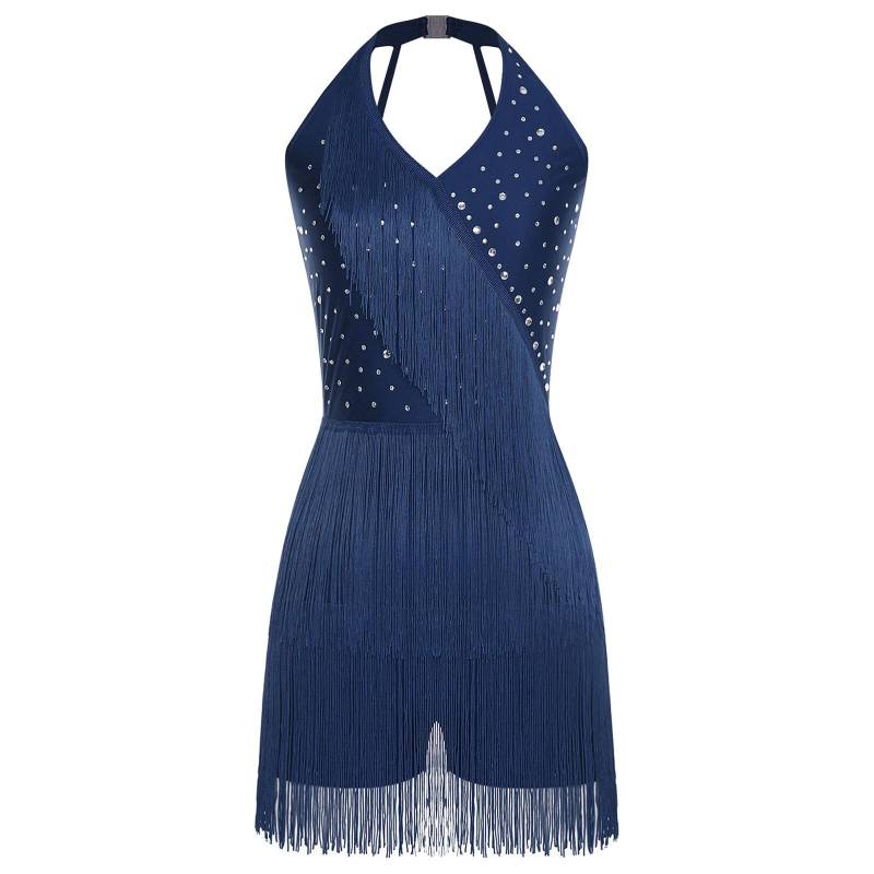 Damen Tanz-Jumpsuit Neckholder Ärmellos Glitzernde Strasssteine Fransen Riemchenrücken Latein Tanzkostüm L navy blau von Joom DACH