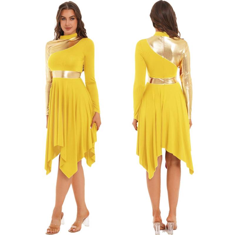 Damen-Tanz-Performance-Kostüm, Kontrastfarbenes Patchwork-Kleid, langärmelige Kleider mit asymmetrischem Saum L gelb von Joom DACH