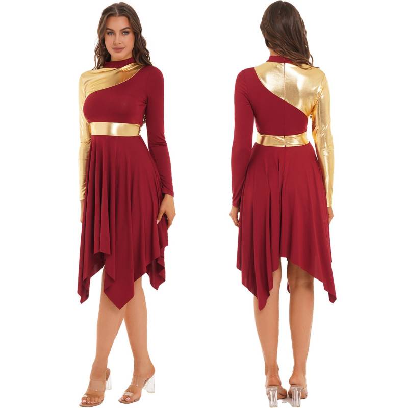 Damen-Tanz-Performance-Kostüm, Kontrastfarbenes Patchwork-Kleid, langärmelige Kleider mit asymmetrischem Saum M bordeaux von Joom DACH