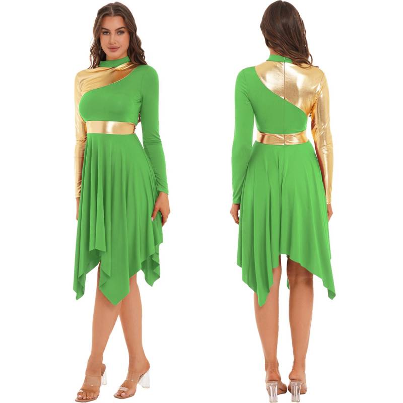 Damen-Tanz-Performance-Kostüm, Kontrastfarbenes Patchwork-Kleid, langärmelige Kleider mit asymmetrischem Saum M hellgrüne von Joom DACH