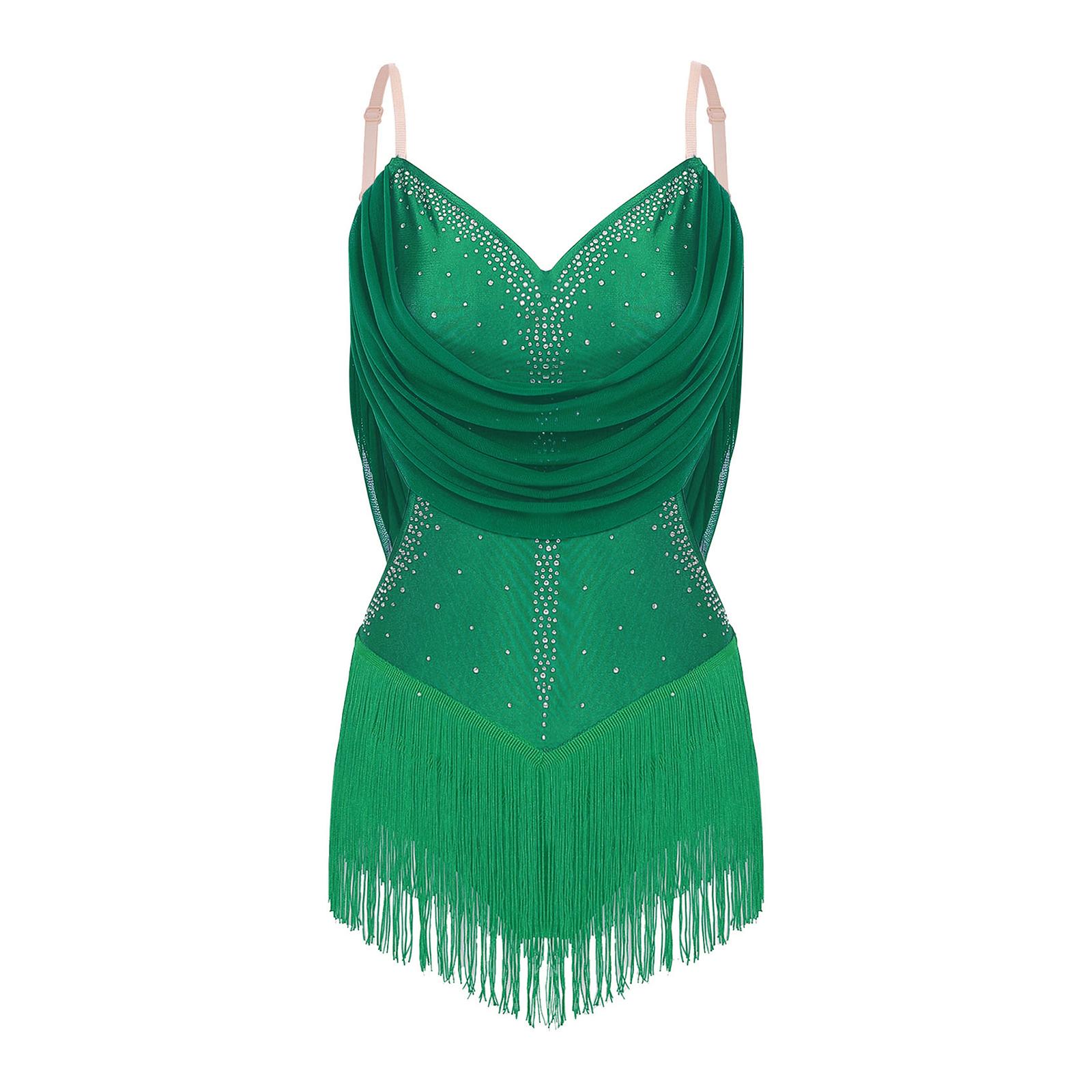 Damen Tanzbody geraffte Mesh-Drapierungen glitzernde Strasssteine verstellbare Träger Cutout Fransenbody Bühnenbekleidung M grün von Joom DACH