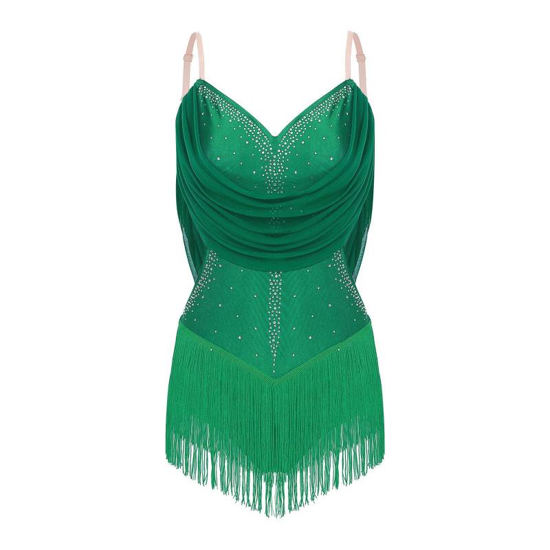 Damen Tanzbody geraffte Mesh-Drapierungen glitzernde Strasssteine verstellbare Träger Cutout Fransenbody Bühnenbekleidung M grün von Joom DACH