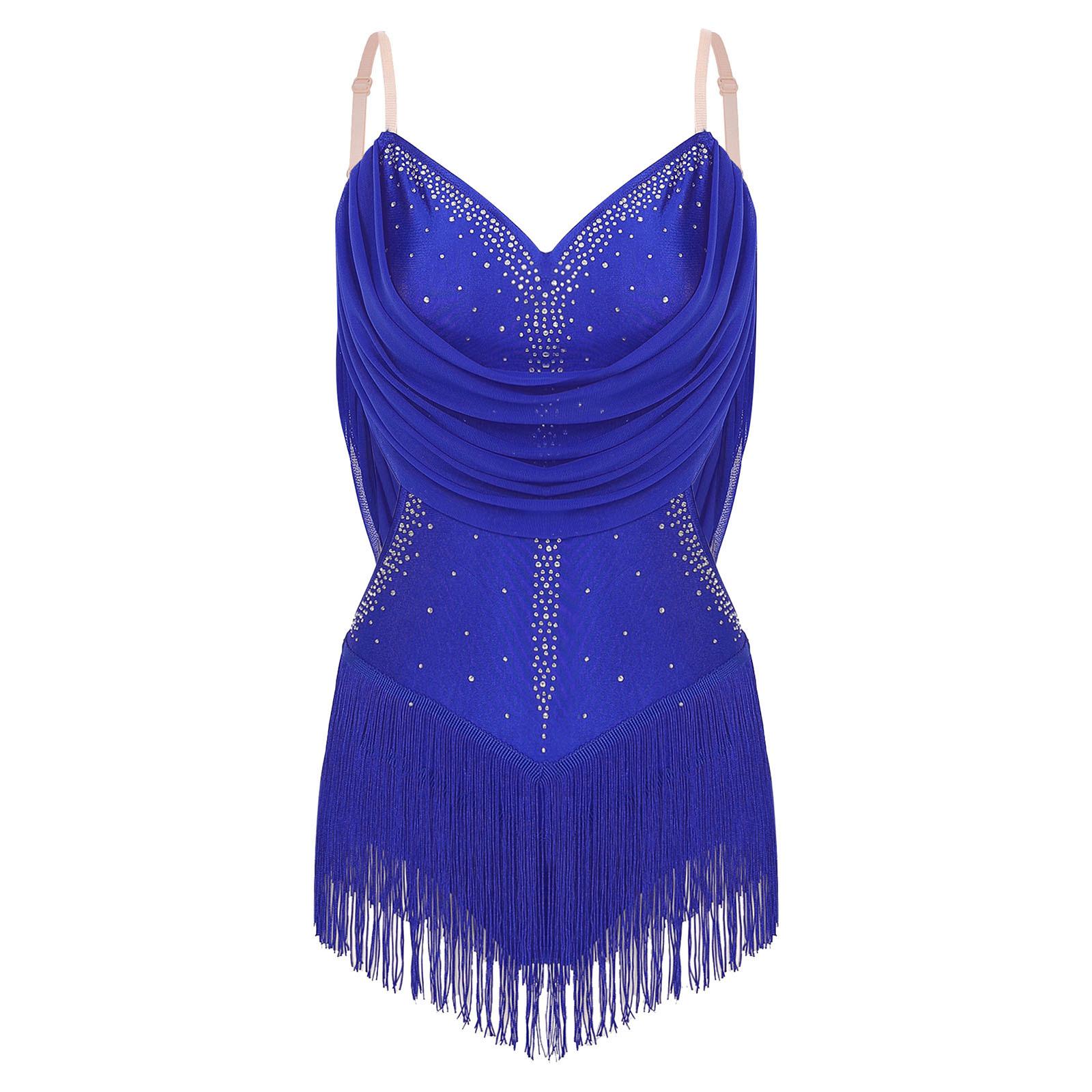 Damen Tanzbody geraffte Mesh-Drapierungen glitzernde Strasssteine verstellbare Träger Cutout Fransenbody Bühnenbekleidung XS königsblau Damen Tanzbody geraffte Mesh-Drapierungen glitzernde Strasssteine verstellbare Träger Cutout Fransenbody Bühnenbekleidung XS königsblau von Joom DACH