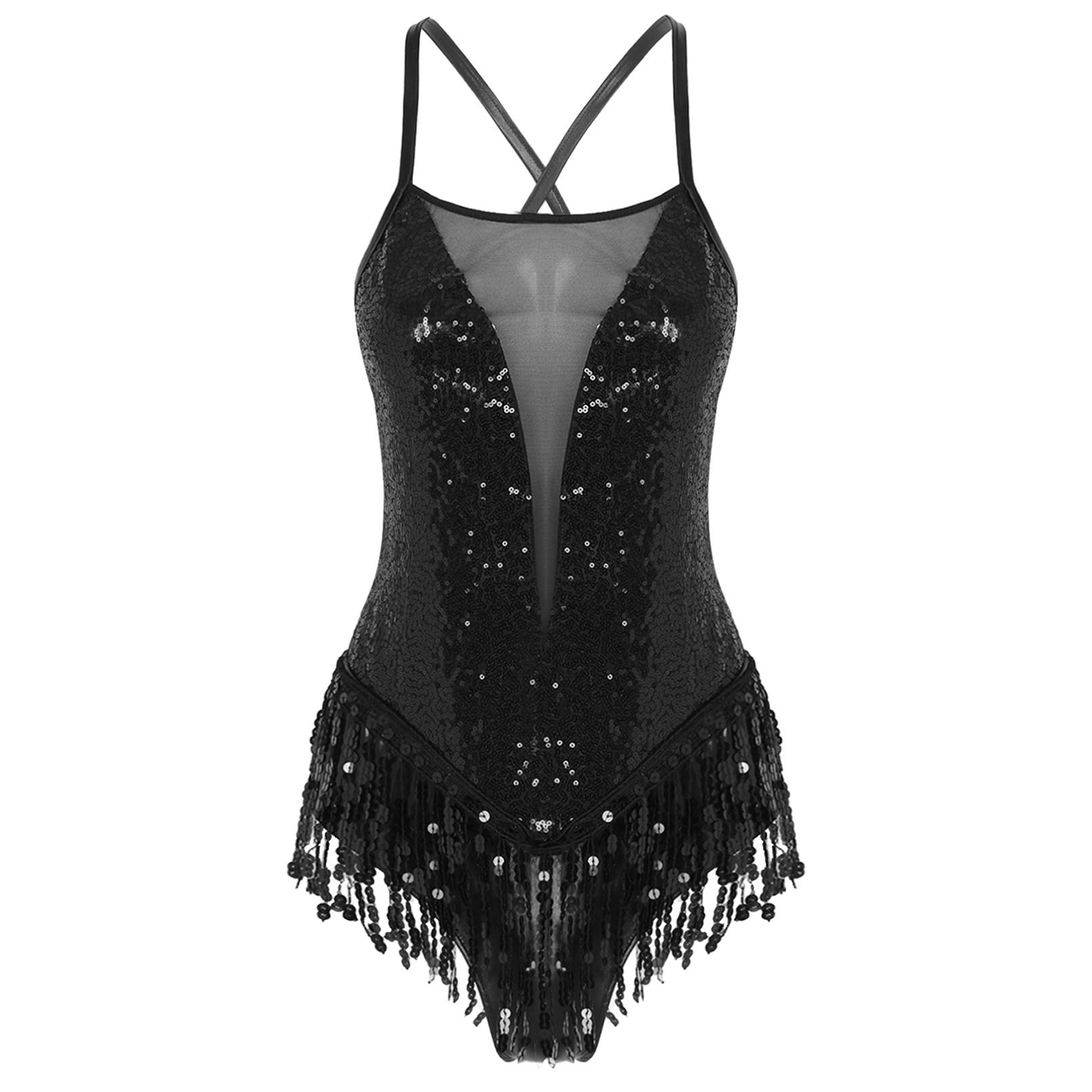 Damen-Tanzkleid, glitzernde Pailletten, Fransen-Trikot, lateinischer Salsa-Bodysuit für Gesellschaftstanz L schwarz von Joom DACH
