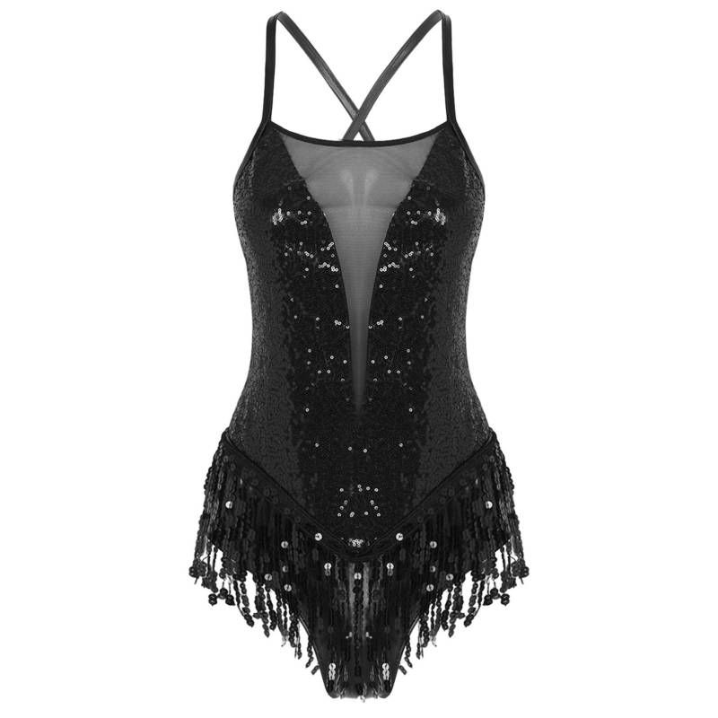 Damen-Tanzkleid, glitzernde Pailletten, Fransen-Trikot, lateinischer Salsa-Bodysuit für Gesellschaftstanz L schwarz von Joom DACH
