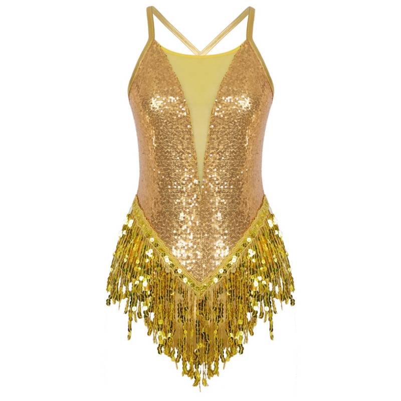 Damen-Tanzkleid, glitzernde Pailletten, Fransen-Trikot, lateinischer Salsa-Bodysuit für Gesellschaftstanz M gold von Joom DACH