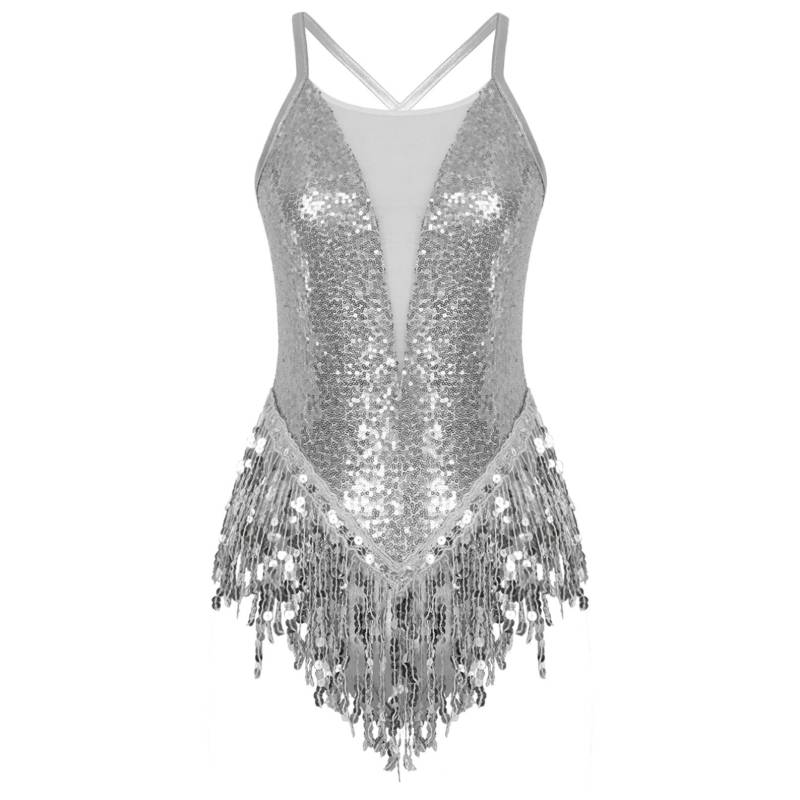 Damen-Tanzkleid, glitzernde Pailletten, Fransen-Trikot, lateinischer Salsa-Bodysuit für Gesellschaftstanz S silber von Joom DACH