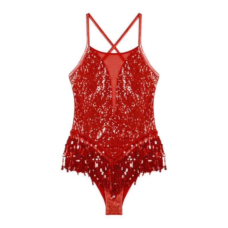 Damen-Tanzkleid, glitzernde Pailletten, Fransen-Trikot, lateinischer Salsa-Bodysuit für Gesellschaftstanz S rot von Joom DACH