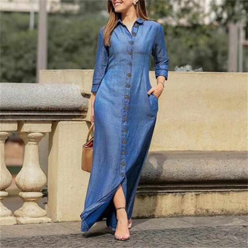 Damen Temperament Elegante Mode Neutraler Stil Langarm Revers Strickjacke Einfarbig Langes Jeanskleid XL hellblaue von Joom DACH