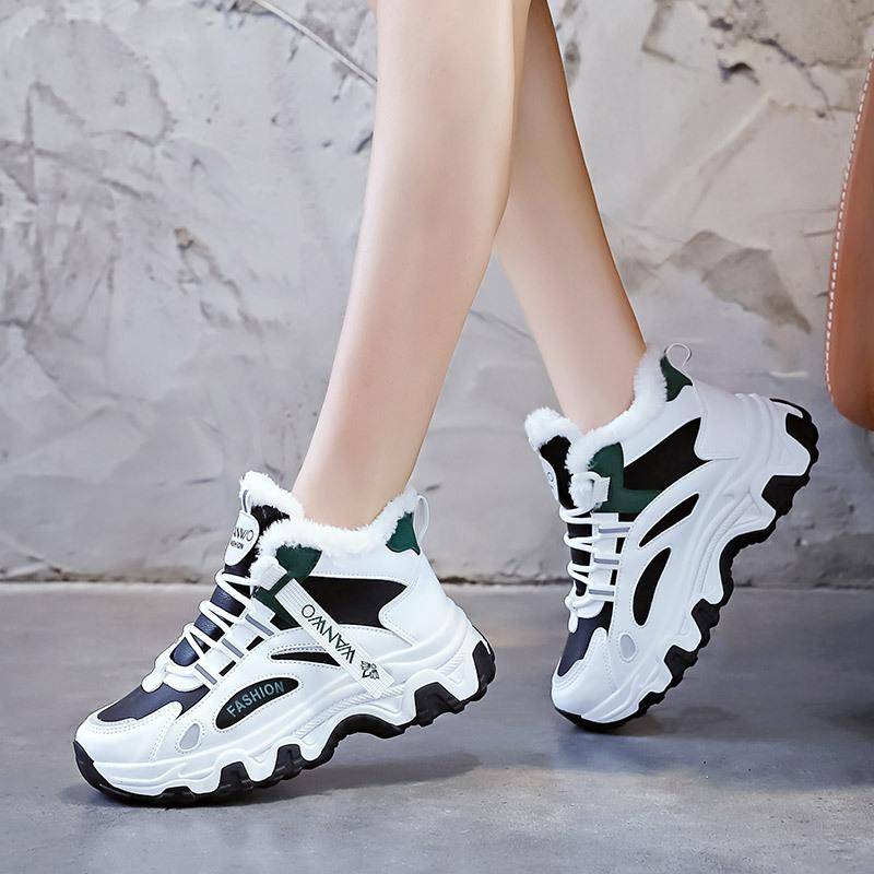 Damen Tennis Winter Plateau Schnürschuhe Vulkanisierte Schuhe Neue Klobige Atmungsaktive Mesh Freizeit-Sneaker Samt Warme Dad Shoes 39 schwarz von Joom DACH