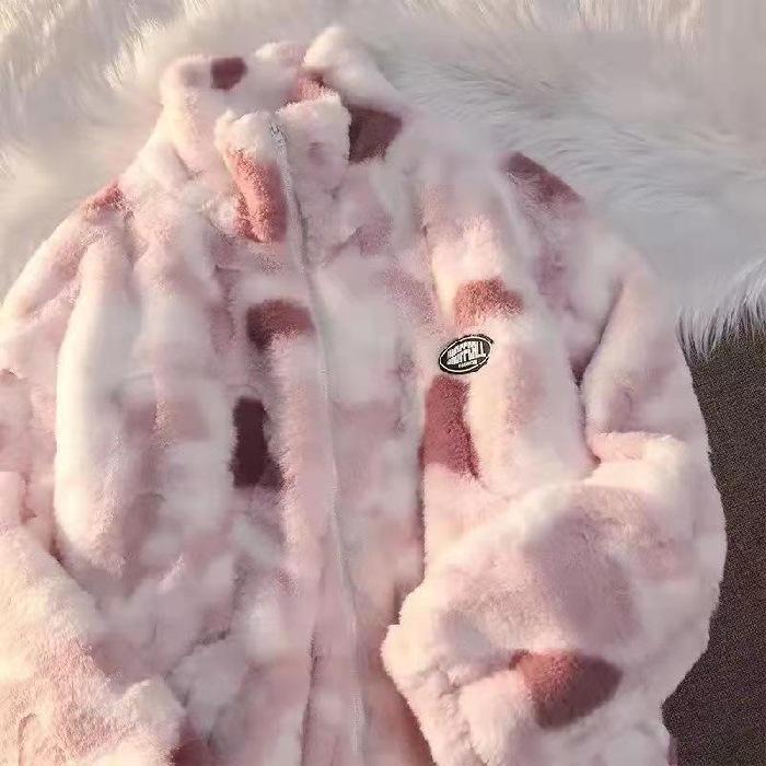 Damen Tie-Dye Lammwolljacke - Herbst/Winter Fleecegefüttert, Dick mit Reißverschluss, Stehkragen Pyjama-Oberteil S rosa von Joom DACH