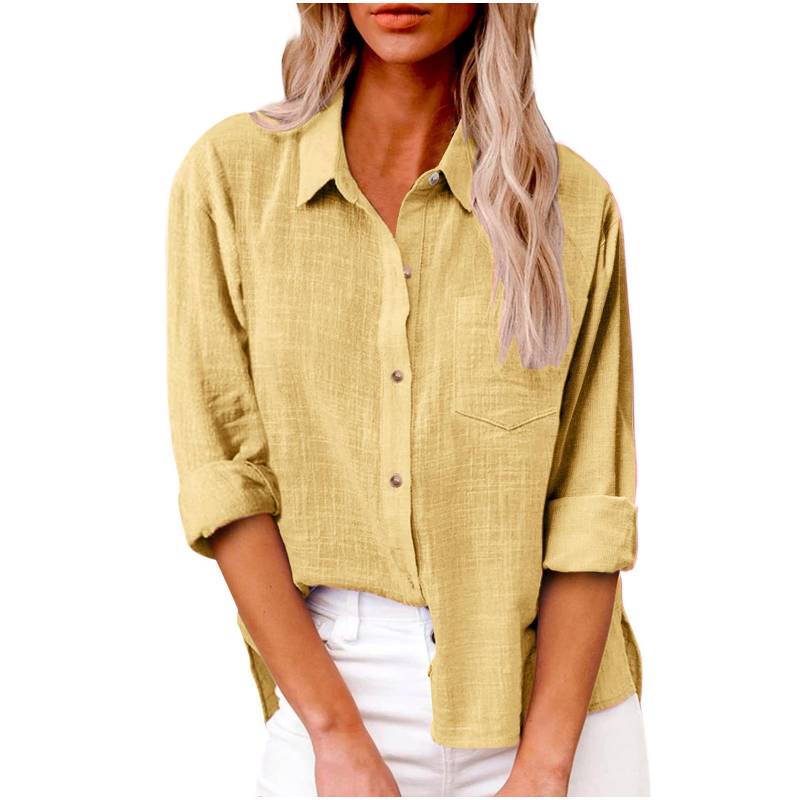Damen Tops Frühling Herbst Einfarbig Baumwolle Leinen Hemden Revers Langarm Button Up Tasche Bluse M von Joom DACH