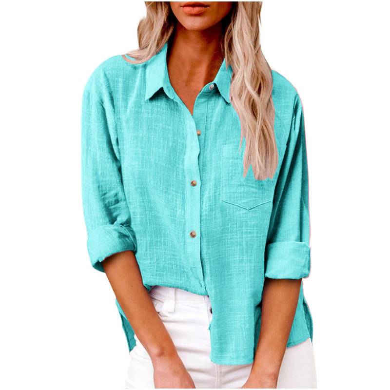 Damen Tops Frühling Herbst Einfarbig Baumwolle Leinen Hemden Revers Langarm Button Up Tasche Bluse XXL von Joom DACH