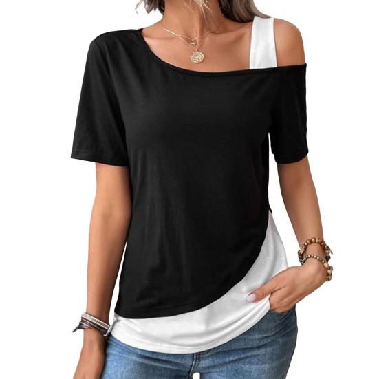 Damen Tops Schulterfrei Loose Fit Tops Kurzarm T-Shirt Schrägkragen Patchwork Farbe Lässiges T-Shirt XL schwarz von Joom DACH