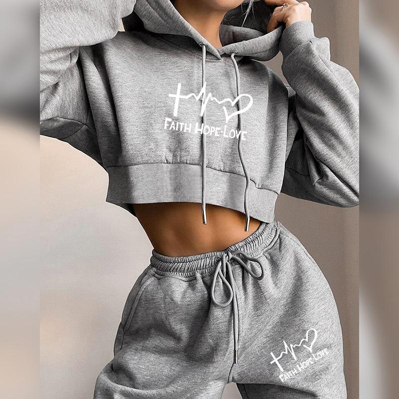 Damen-Trainingsanzug, 2-teiliges Set, Glaube, Liebesbrief, Hoodies, Hosenanzug, Sportbekleidung für den Frühling, weibliche Kleidung, Joggen, Sport, Crop-Tops S von Joom DACH