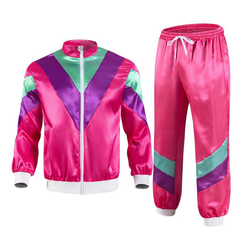 Damen-Trainingsanzug im Retro-Stil der 80er, Satin, Farbblock-Jacke, Jogginghose mit Kordelzug XL heißes rosa von Joom DACH