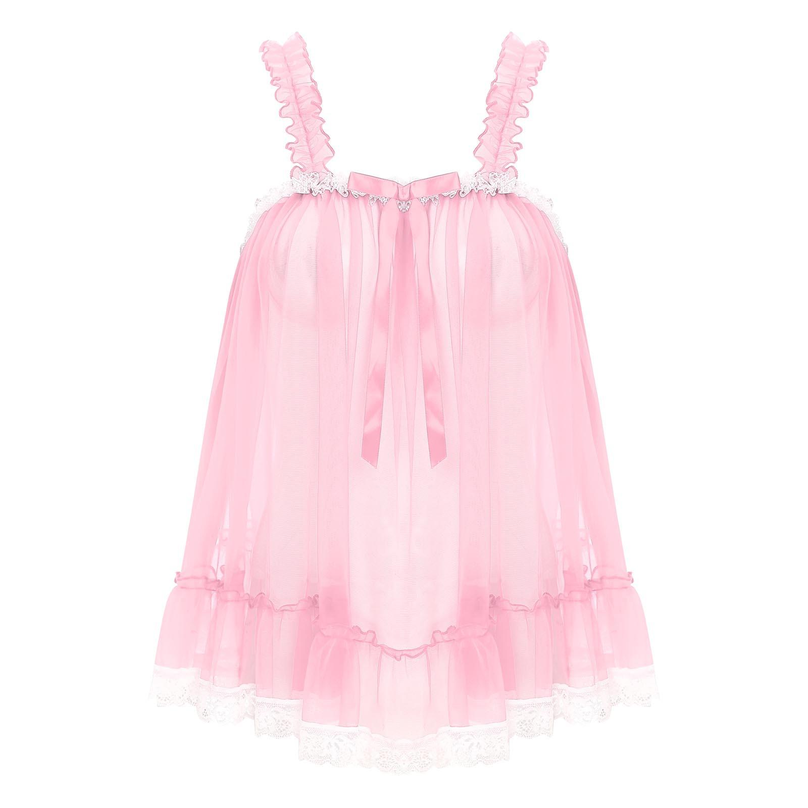 Damen Transparentes Mesh Rüschen Träger Camisole Spitze Besatz Durchsichtig Nachtclub Top Schleifenakzent Sinnliche Abendparty Slip Bluse XXL rosa von Joom DACH