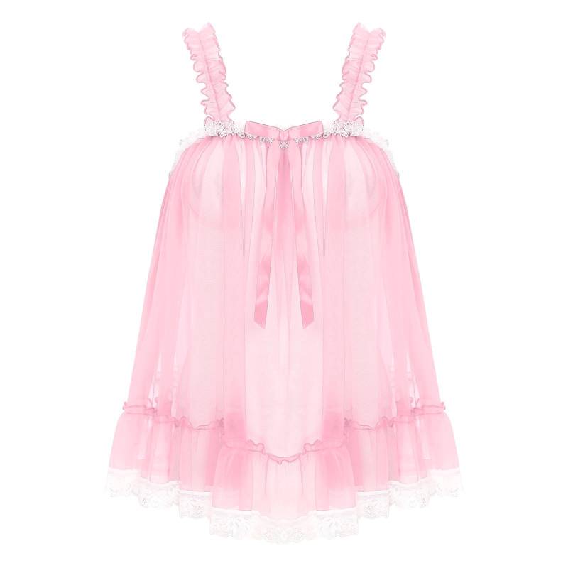 Damen Transparentes Mesh Rüschen Träger Camisole Spitze Besatz Durchsichtig Nachtclub Top Schleifenakzent Sinnliche Abendparty Slip Bluse XXL rosa von Joom DACH