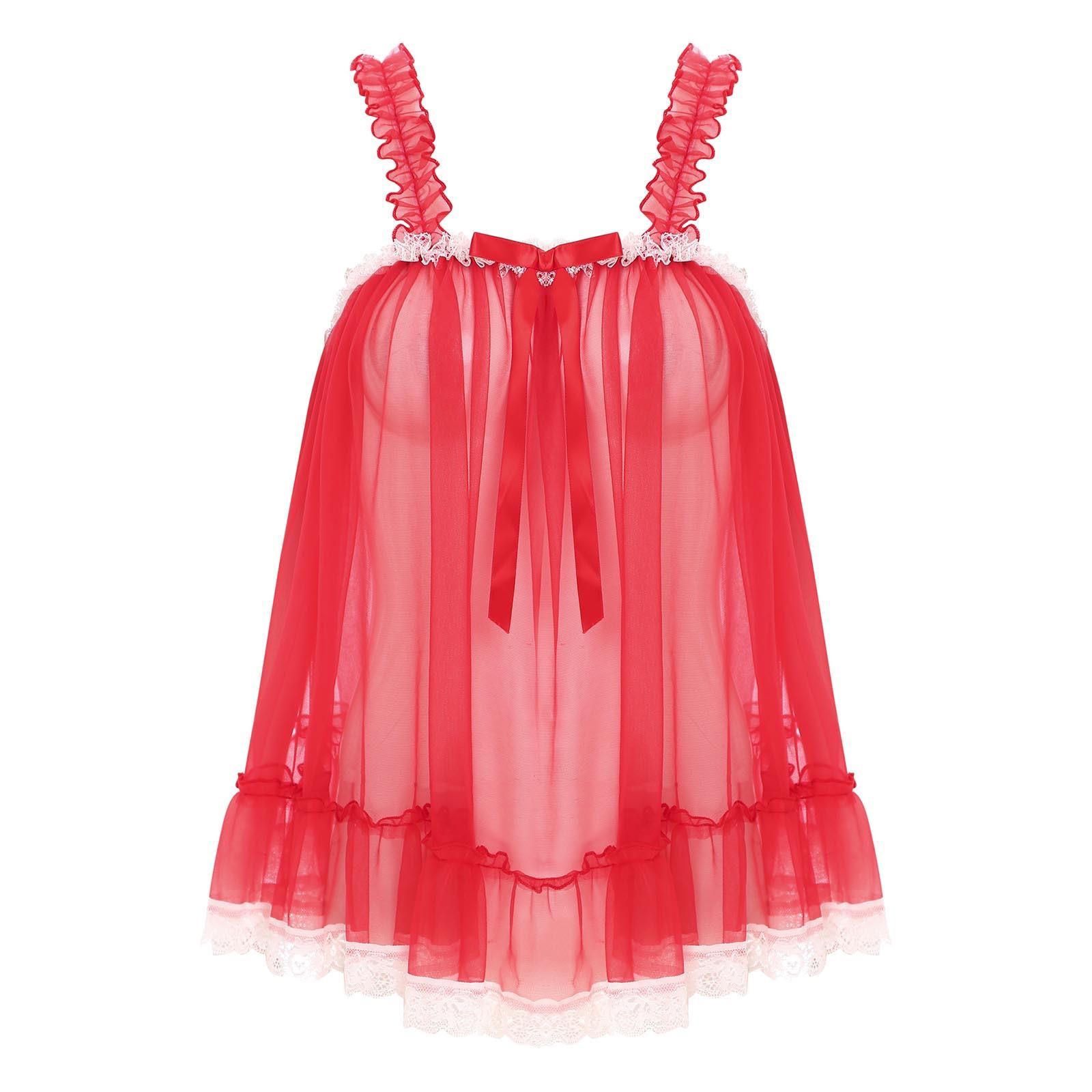 Damen Transparentes Mesh Rüschen Träger Camisole Spitze Besatz Durchsichtig Nachtclub Top Schleifenakzent Sinnliche Abendparty Slip Bluse XXL rot von Joom DACH