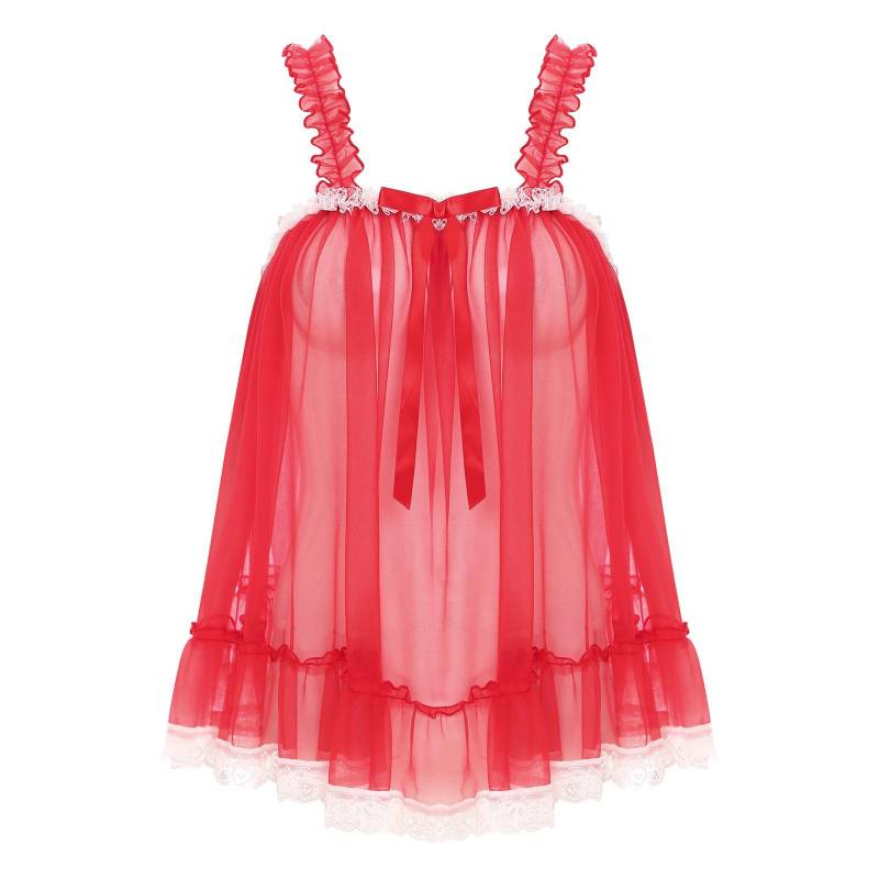Damen Transparentes Mesh Rüschen Träger Camisole Spitze Besatz Durchsichtig Nachtclub Top Schleifenakzent Sinnliche Abendparty Slip Bluse XXL rot von Joom DACH