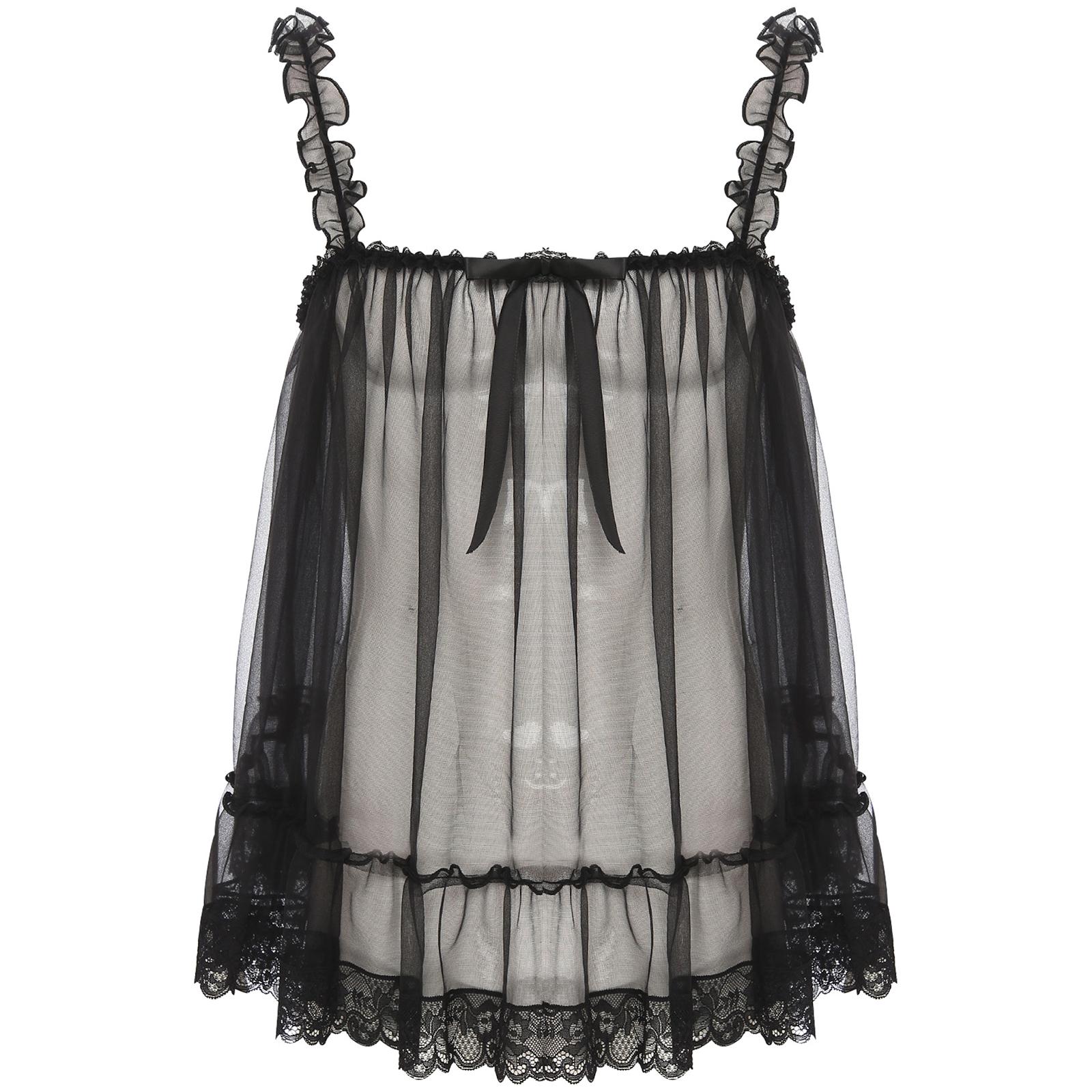 Damen Transparentes Mesh Rüschen Träger Camisole Spitze Besatz Durchsichtig Nachtclub Top Schleifenakzent Sinnliche Abendparty Slip Bluse XXL schwarz von Joom DACH