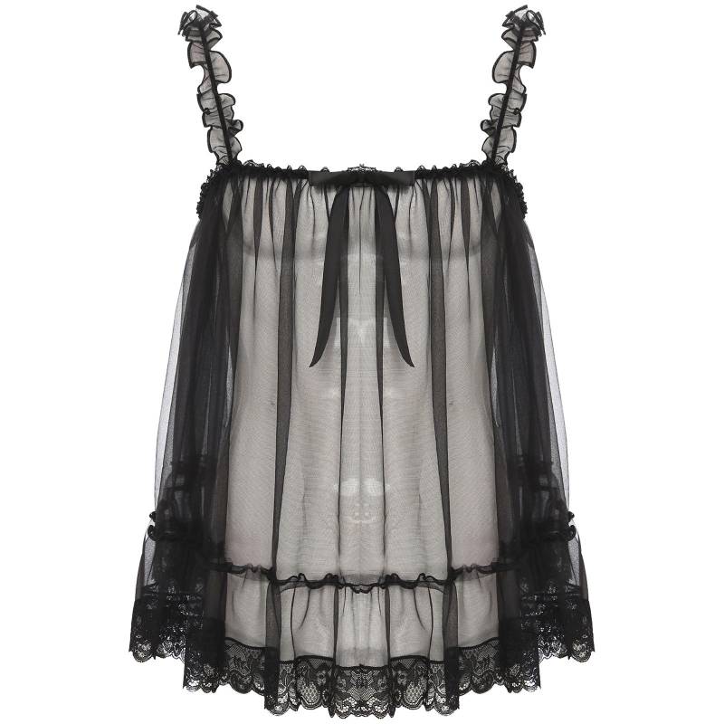 Damen Transparentes Mesh Rüschen Träger Camisole Spitze Besatz Durchsichtig Nachtclub Top Schleifenakzent Sinnliche Abendparty Slip Bluse XXL schwarz von Joom DACH
