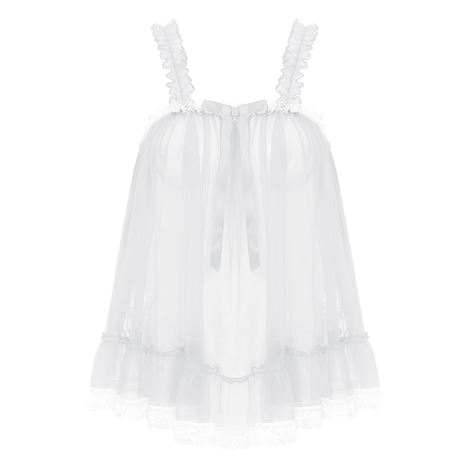 Damen Transparentes Mesh Rüschen Träger Camisole Spitze Besatz Durchsichtig Nachtclub Top Schleifenakzent Sinnliche Abendparty Slip Bluse XXL weiß von Joom DACH