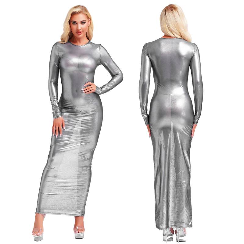 Damen Transparentes Metallic Maxi Kleid - Langärmliges Glänzendes Durchsichtiges Nachtclubkleid mit Spaßiger Unterwäsche (S-xxl) L schwarz von Joom DACH