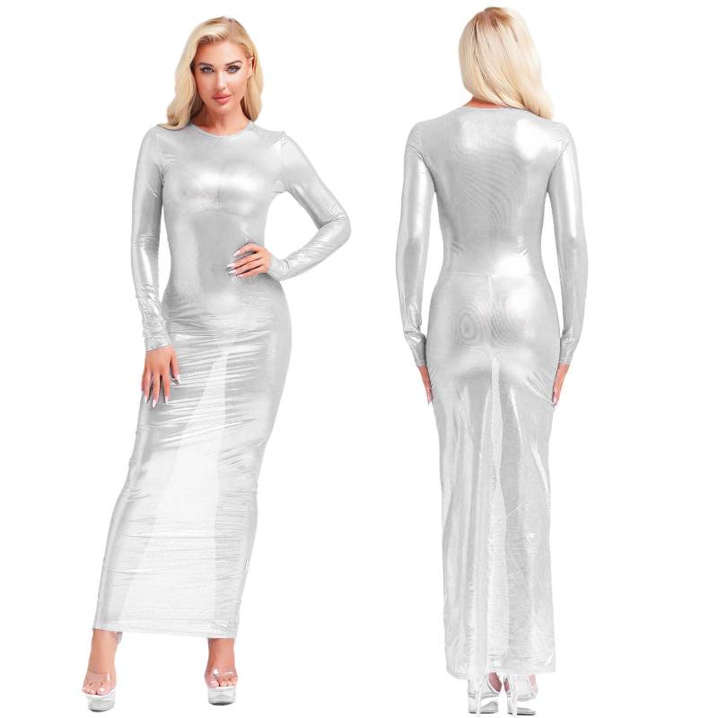 Damen Transparentes Metallic Maxi Kleid - Langärmliges Glänzendes Durchsichtiges Nachtclubkleid mit Spaßiger Unterwäsche (S-xxl) S weiß von Joom DACH