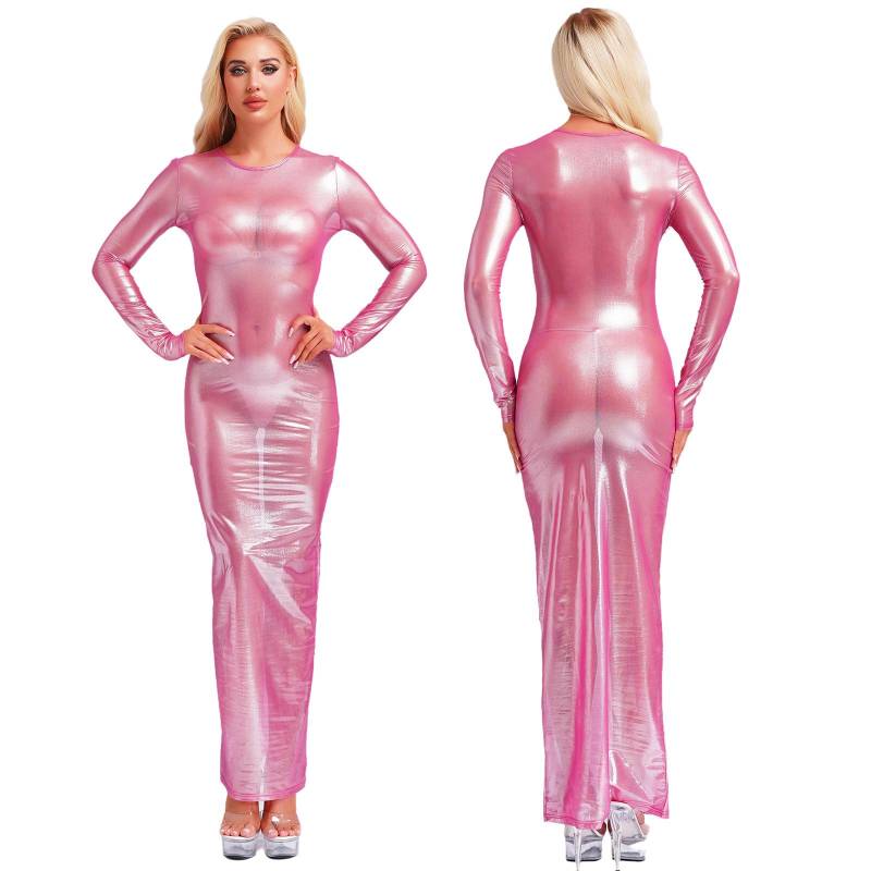 Damen Transparentes Metallic Maxi Kleid - Langärmliges Glänzendes Durchsichtiges Nachtclubkleid mit Spaßiger Unterwäsche (S-xxl) XL rosa von Joom DACH