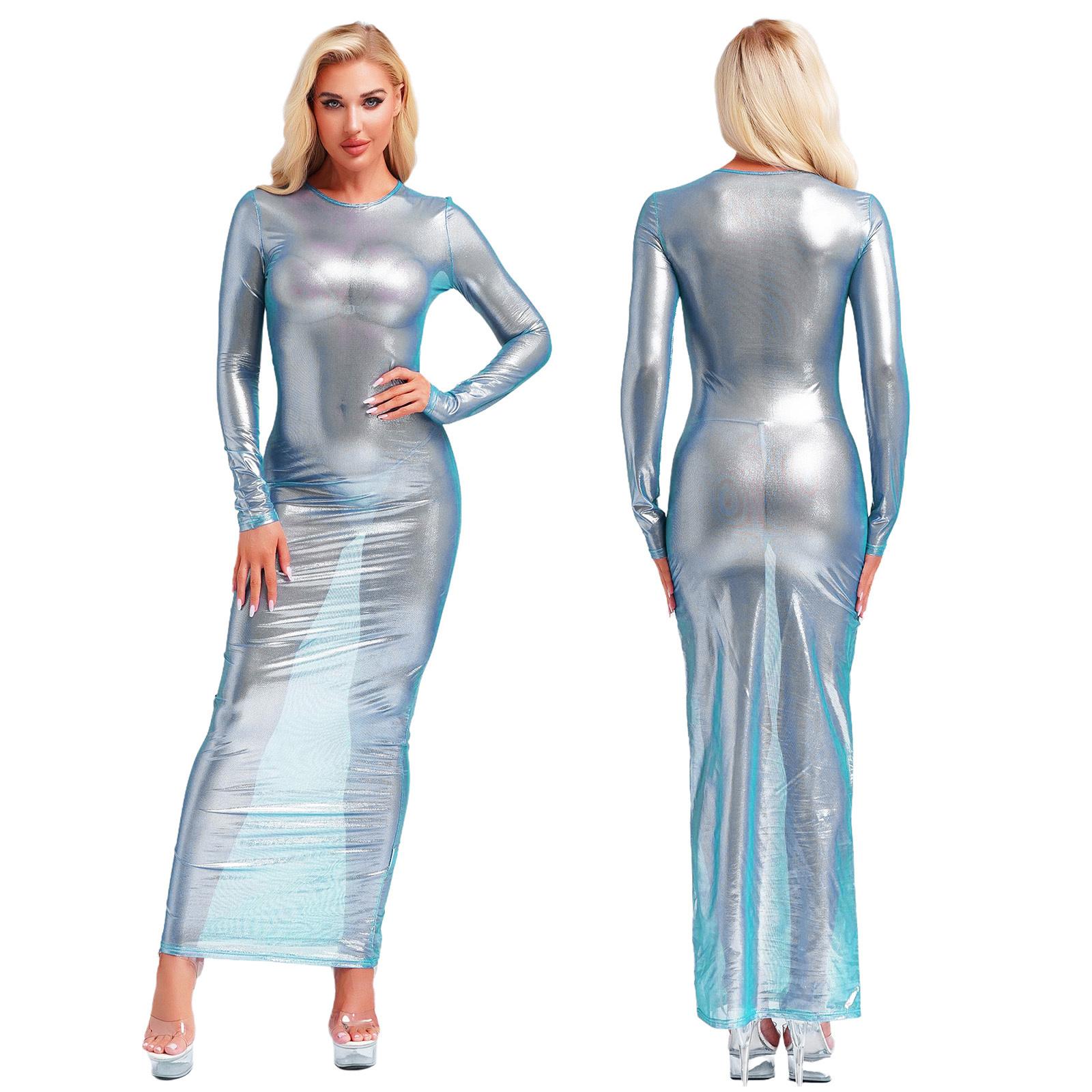 Damen Transparentes Metallic Maxi Kleid - Langärmliges Glänzendes Durchsichtiges Nachtclubkleid mit Spaßiger Unterwäsche (S-xxl) XL hellblaue von Joom DACH