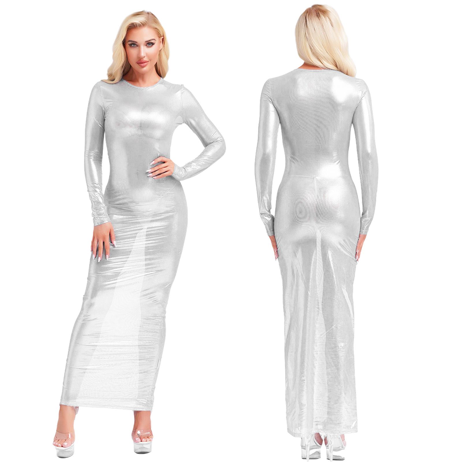 Damen Transparentes Metallic Maxi Kleid - Langärmliges Glänzendes Durchsichtiges Nachtclubkleid mit Spaßiger Unterwäsche (S-xxl) XL weiß von Joom DACH