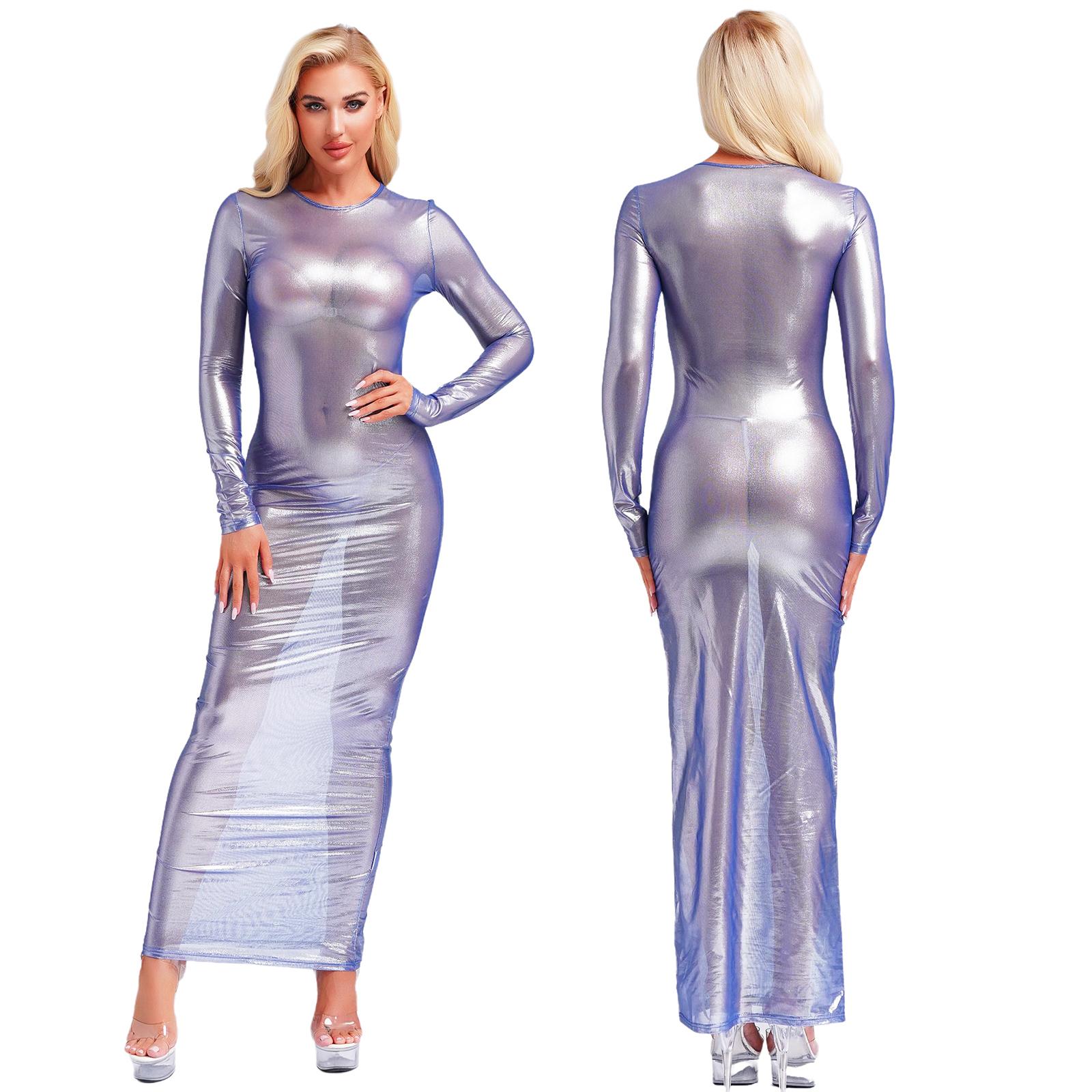 Damen Transparentes Metallic Maxi Kleid - Langärmliges Glänzendes Durchsichtiges Nachtclubkleid mit Spaßiger Unterwäsche (S-xxl) XL blau von Joom DACH