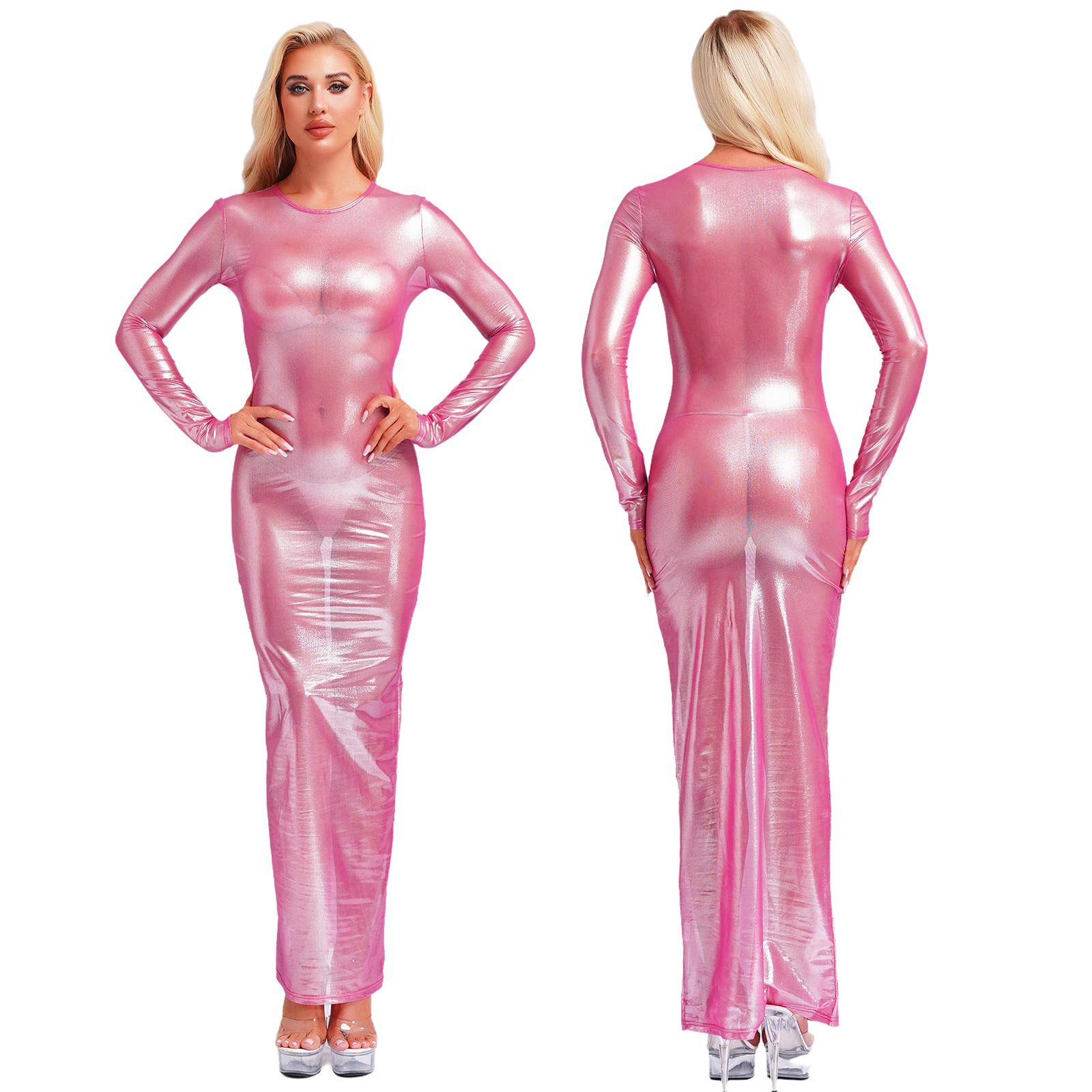 Damen Transparentes Metallic Maxi Kleid - Langärmliges Glänzendes Durchsichtiges Nachtclubkleid mit Spaßiger Unterwäsche (S-xxl) XXL rosa von Joom DACH