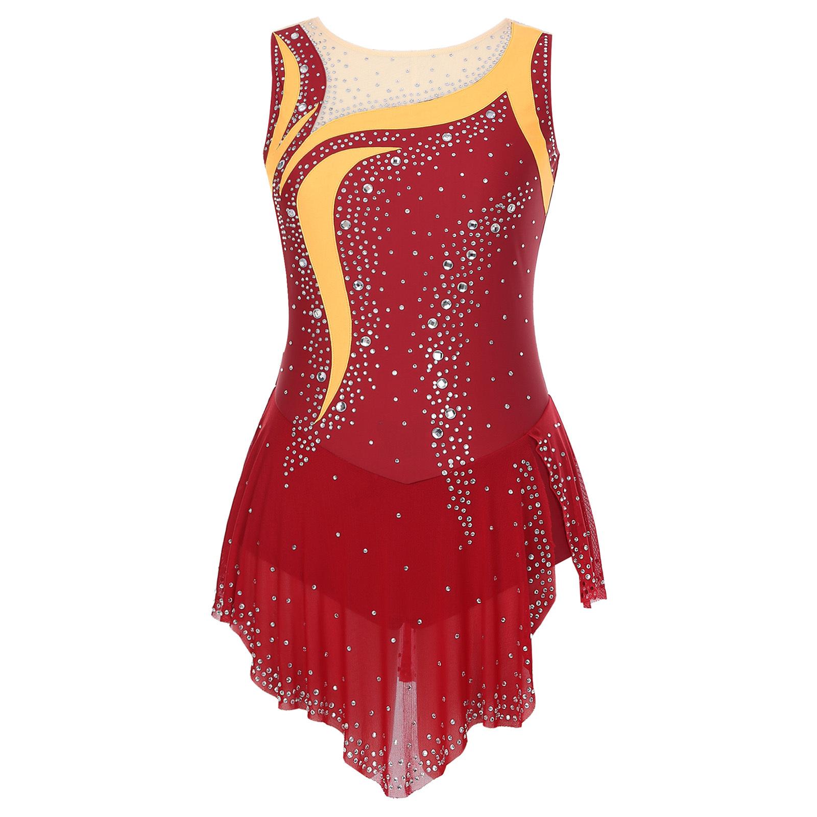 Damen-Trikot mit glänzendem Strass, für rhythmischen Tanz, Gymnastik, ärmellos, Rollschuhlaufen, Tanzkostüm, Ballett, lyrisches Bodysuit-Kleid M bordeaux von Joom DACH