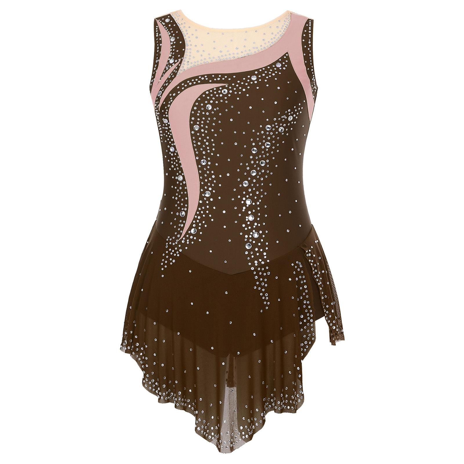 Damen-Trikot mit glänzendem Strass, für rhythmischen Tanz, Gymnastik, ärmellos, Rollschuhlaufen, Tanzkostüm, Ballett, lyrisches Bodysuit-Kleid S braun von Joom DACH