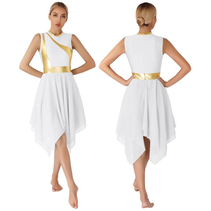 Damen-Tunika mit Farbblock-Motiv, ärmellos, unregelmäßiger Saum, lyrisches Tanzkleid S weiß von Joom DACH