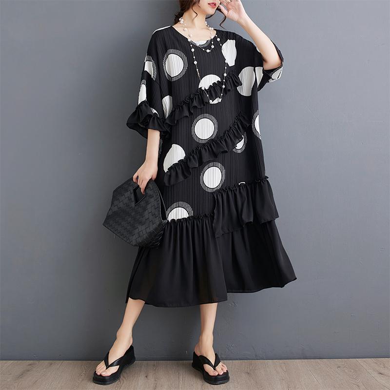 Damen Übergröße Frühling Sommer Übergröße Kleid Chiffon Eleganter Druck Schwarzes Langes Kleid Lockeres Damenkleid One Size schwarz von Joom DACH