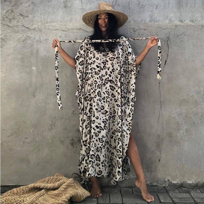 Damen Übergröße Kleid Bedruckt Leopard Dot Strand Überwurf Lockeres Langes Kleid Badeanzug Überwurf One Size Leo-Print von Joom DACH