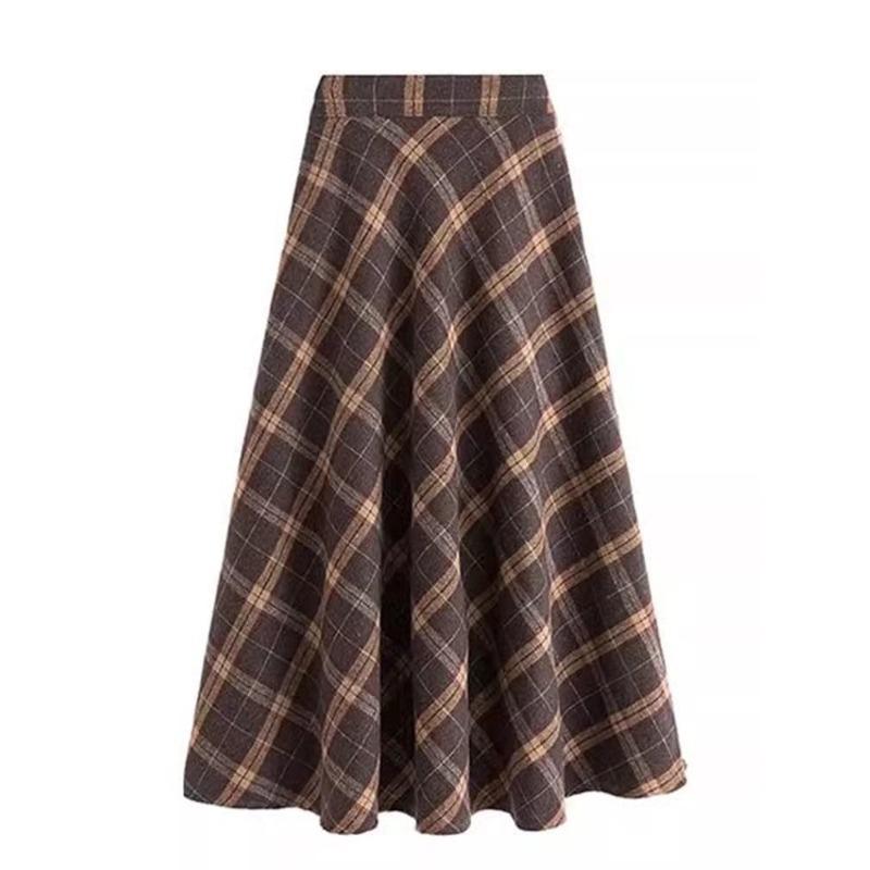 Damen Übergröße Vintage Karorock Hohe Taille A-Linien-Rock Winter Bedeckt Schritt Halbkörperrock 3XL kaffeebraun von Joom DACH