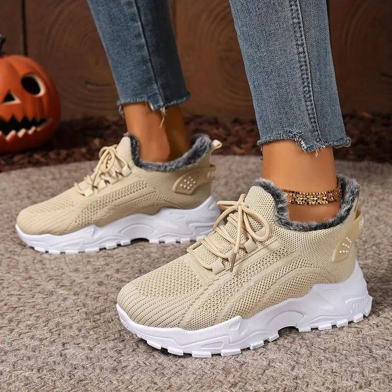 Damen Übergröße Winter Warm Fleece Sneaker - Vollflächiges Profil, Rutschfeste Sohle, Geeignet für kaltes Wetter, Damen Wintersportschuhe, 37 beige von Joom DACH
